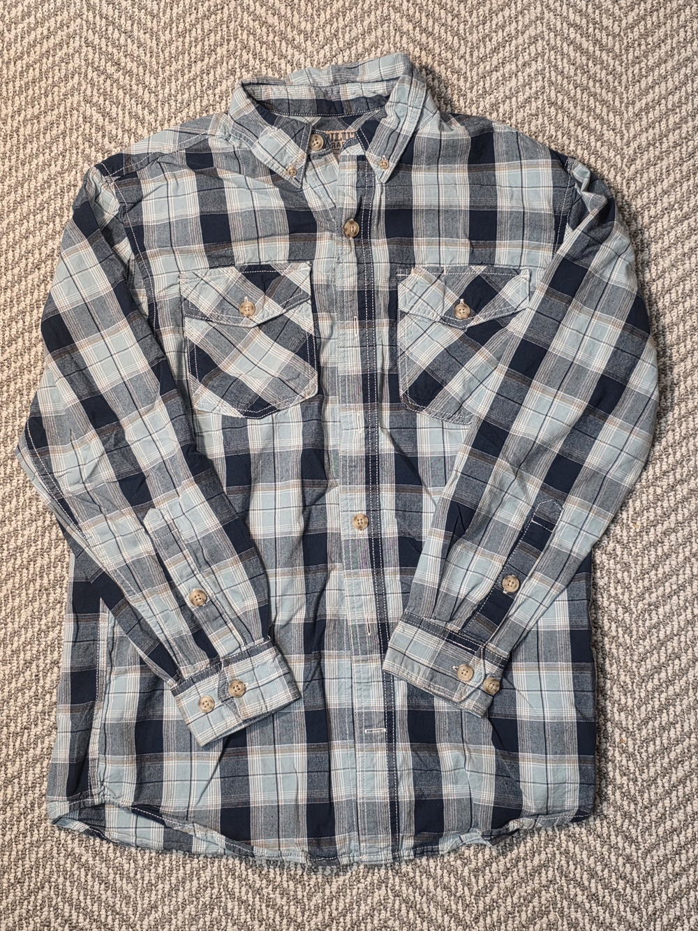 Duluth Trading Co Mens Plaid Button Down Shirt Small S Blue Long Sleeve Cotton